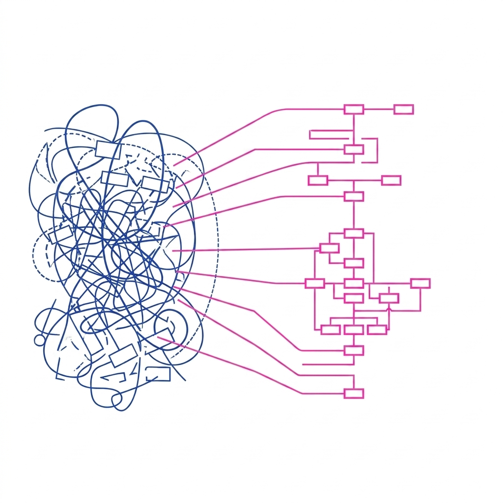 Tangled lines and boxes resolving into a structured flowchart