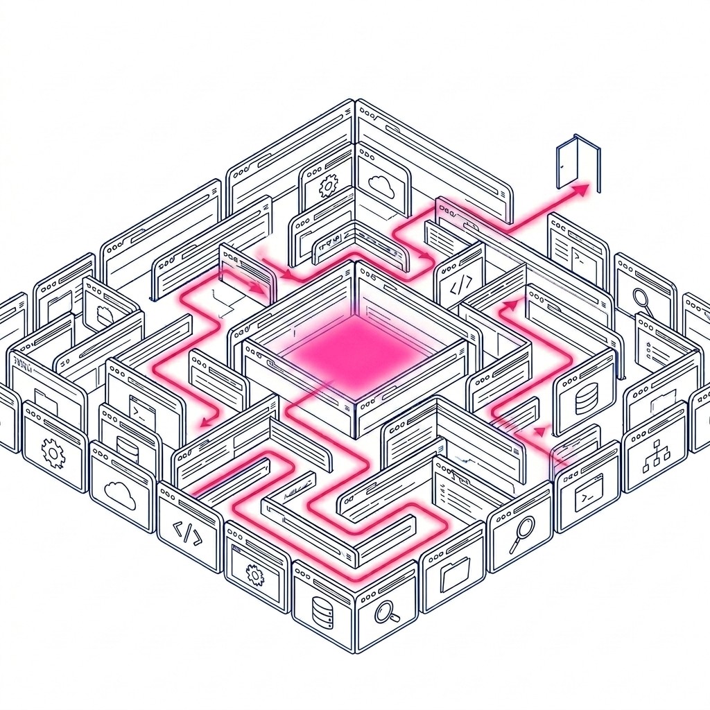 Isometric maze of browser windows with a highlighted path through the confusion