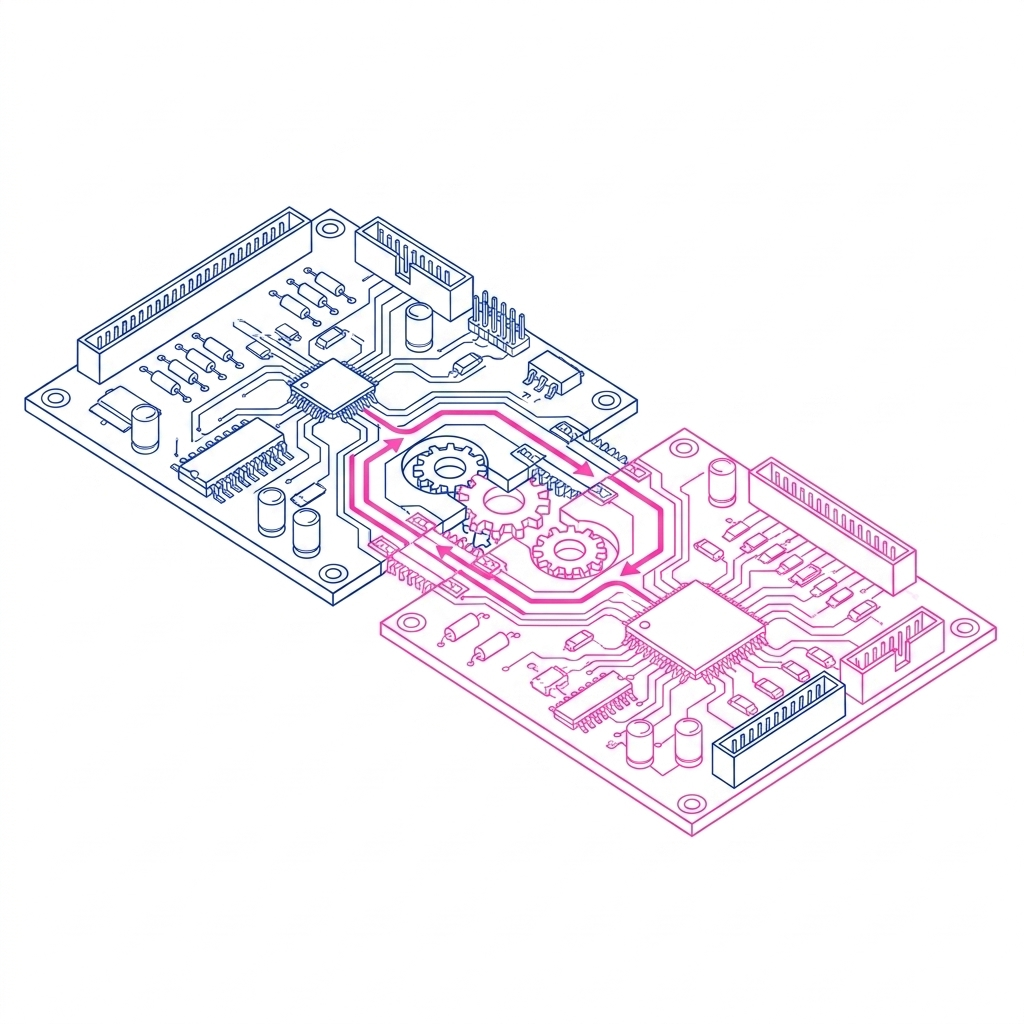 Two circuit boards connected by gears and a feedback loop