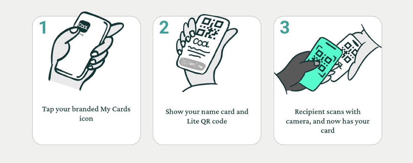 Three steps: tap your branded My Cards icon, show your name card and Lite QR code, the recipient scans with their camera and now has your card