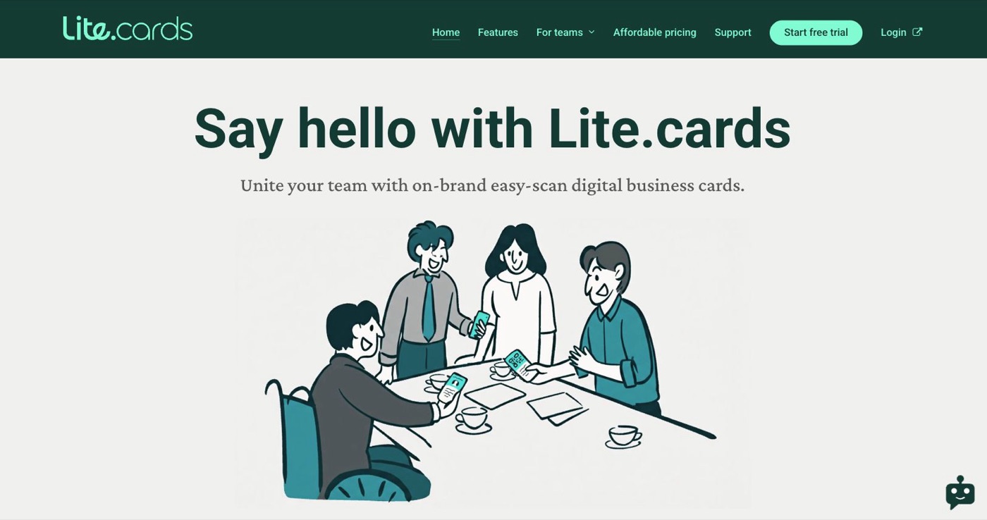 The Lite.cards site showing the three-step flow: tap the My Cards icon, show the QR code, the recipient scans it