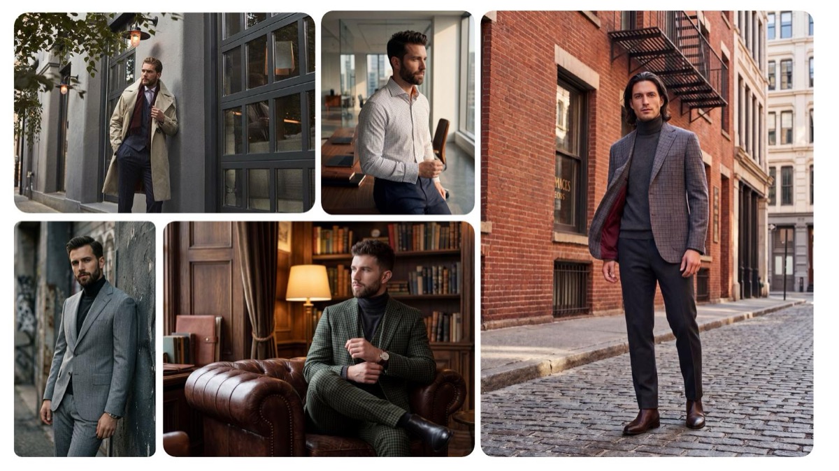 Five generated editorial shots of the same tailoring in different settings: a shopfront, an office, a street wall, a library interior and a cobbled street