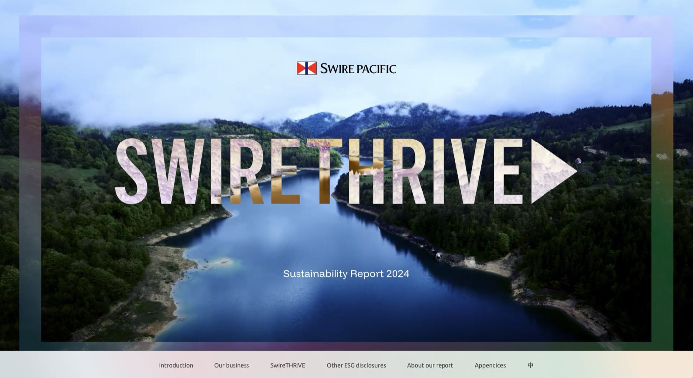 The SwireTHRIVE sustainability report site, showing the report landing view and its section navigation